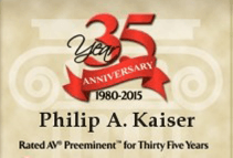 Logo Recognizing The Kaiser Law Firm, P.C.'s 35 years of being rated AV Preeminent